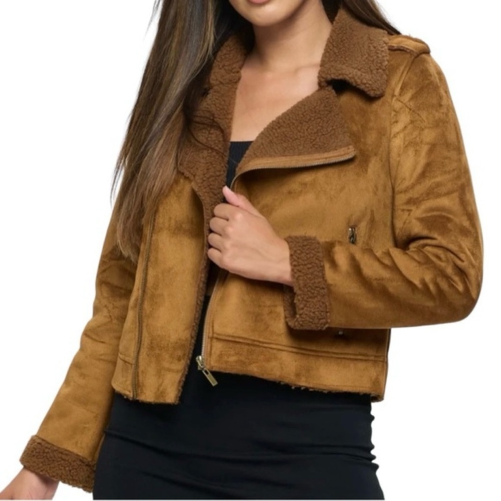 Coalition LA Camel Vegan Suede Sherpa Lined Aviator Moto Jacket Size L